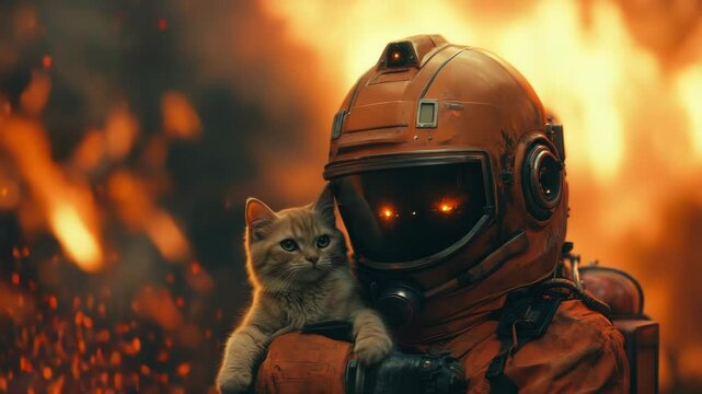 Brave firefighter in protective gear rescuing a small kitten from a dangerous fire. Emergency response, heroism, and compassion in a life-threatening situation