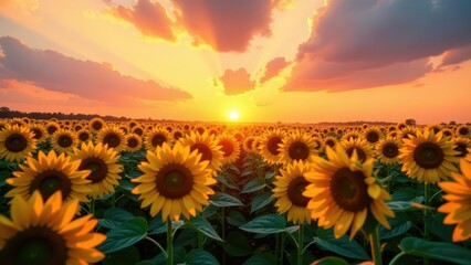 Fototapeta premium Golden Hour Sunbeams Illuminating a Vast Field of Vibrant Sunflowers at Sunset