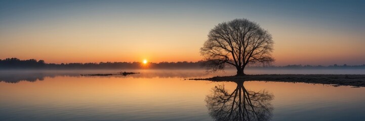 Evening Lake with Lone Tree and Misty Sunset Reflection
