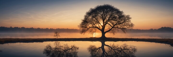Sunset Reflection of Lone Tree on Misty Lake with Vibrant Sky