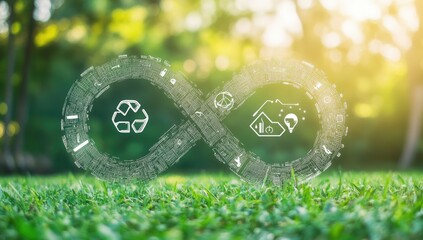 Sustainable infinity symbol, overlaid on a green grass field.  Circular graphic depicts recycling, environmental data, and circular economy, with an infinite loop