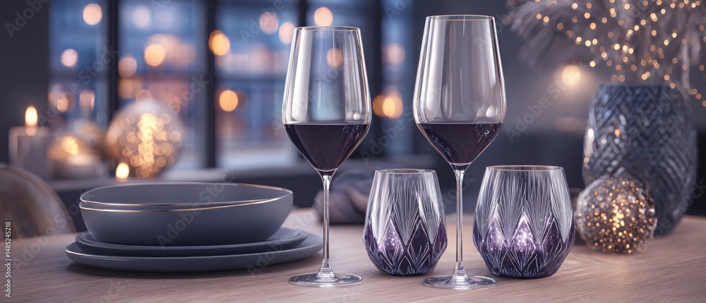 Poster elegant table setting with wine glasses and decorative accents in soft light at home