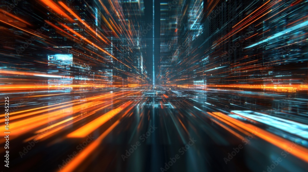 Aufkleber abstract digital data stream flowing through futuristic cityscape perspective view orange and blue t