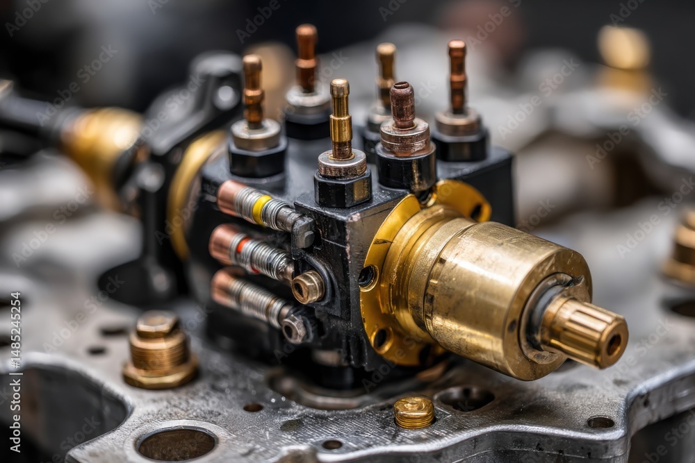Poster close-up of intricate brass and black metal industrial machine part showing precise engineering and 