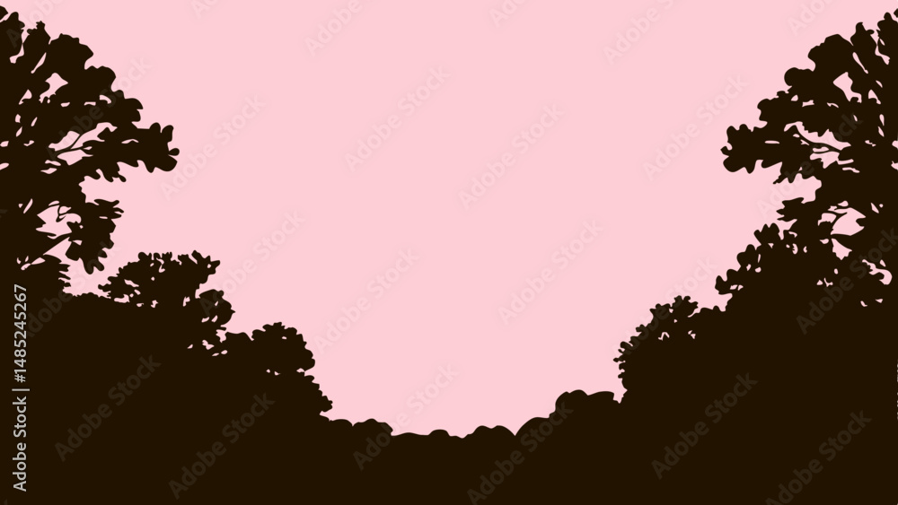 Aufkleber silhouette of trees framing a pink sky creating a symmetrical composition in a minimalist style draw