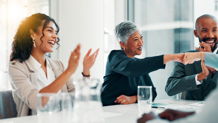 Woman, fist bump and applause at meeting, celebration or agreement at finance agency. Business...