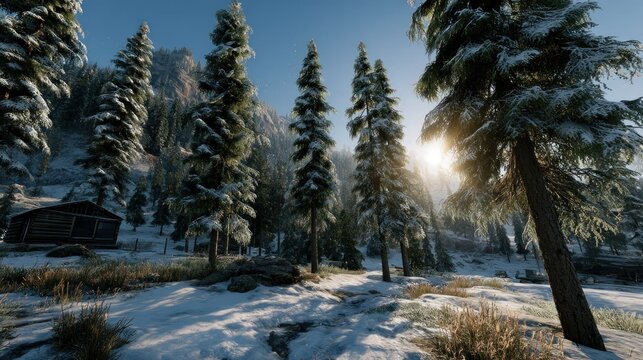 Snowy forest landscape cabin