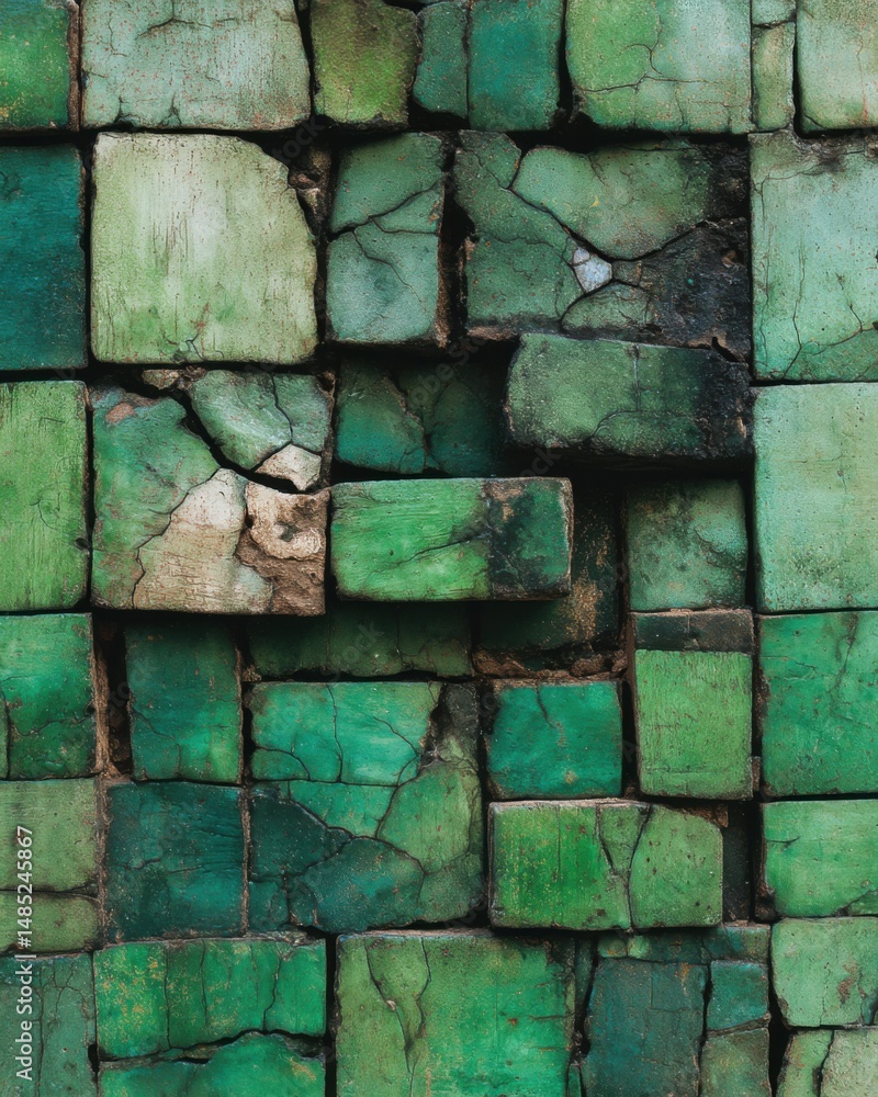Aufkleber Green brick wall close up shot showing cracks and texture detail in an abstract geometric pattern with a rustic style