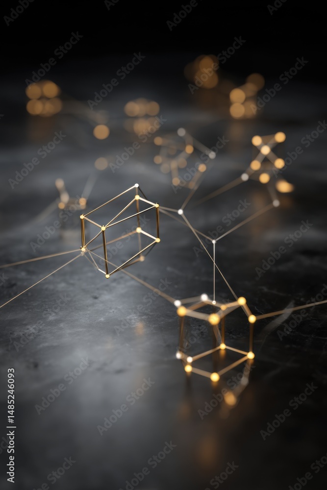 Poster Abstract Network of Golden Cubes and Glowing Nodes on Dark Marble Surface, Conceptual Technology and Data Visualization, High Angle View