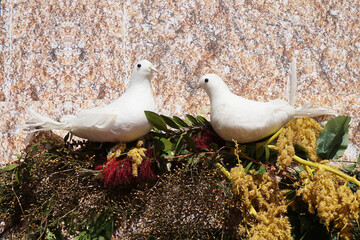 Two White Doves Among Foliage Decor