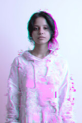 Contemporary Fashion Shot of Young Woman in Neon Pink with Glitches