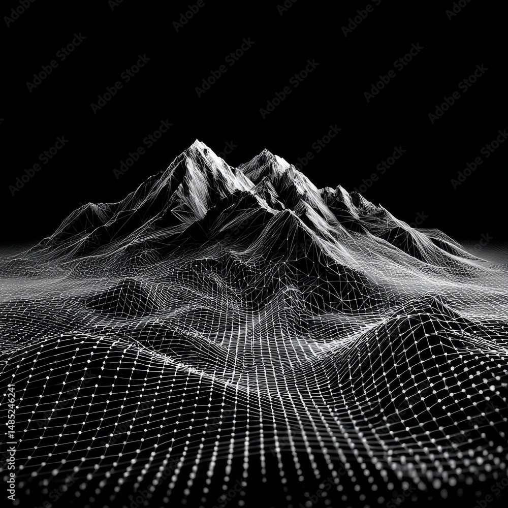 Poster abstract wireframe mountain landscape with grid texture on black background visualization