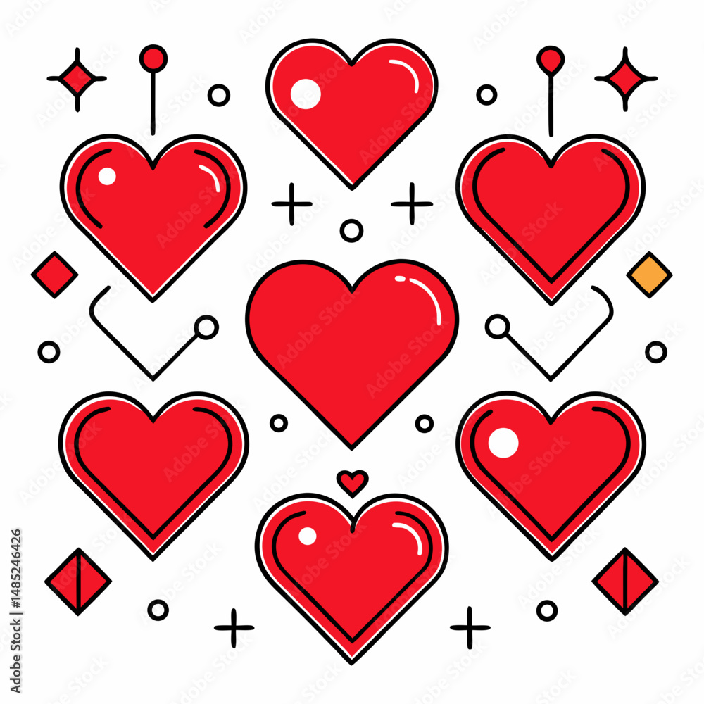 Poster illustration of multiple red hearts arranged with geometric shapes on a white background design elem