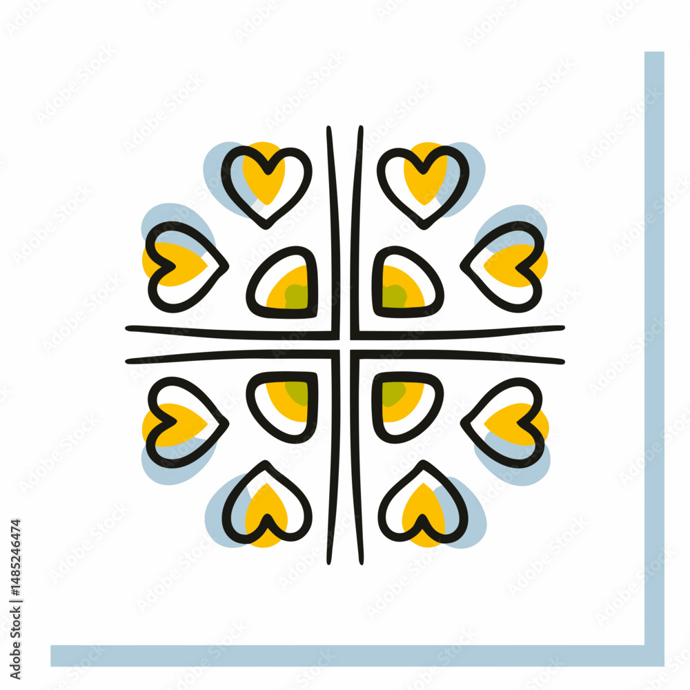 Poster arrangement of hearts and half circles around a cross shape with a border in the corner design art