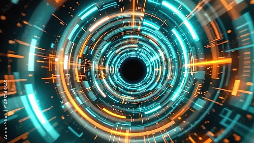 Aufkleber futuristic digital tunnel vibrant orange cyan lines radiating outward creating sense of motion depth