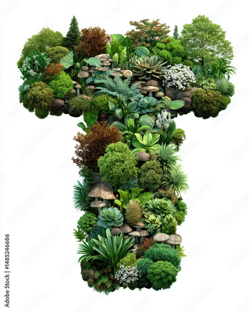 Poster lush t-shaped garden arrangement on white background featuring diverse plants and fungi in a botanic