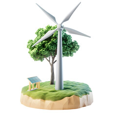3D model of a wind turbine and solar panel on an island, representing sustainable energy solutions.