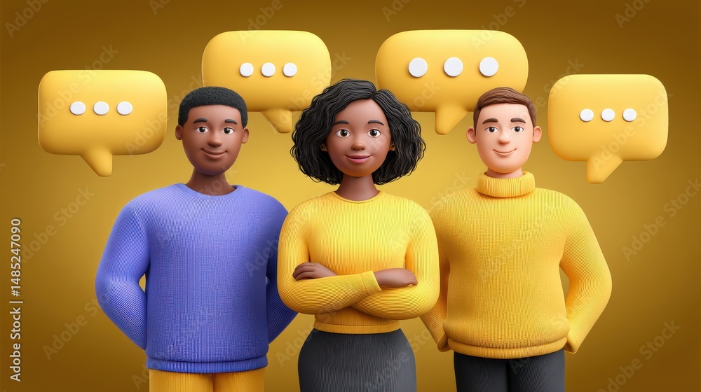 Poster three cheerful diverse characters in colorful sweaters standing confidently with speech bubble icons
