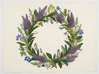 The lavender wreath illustration is ideal for natural themes.