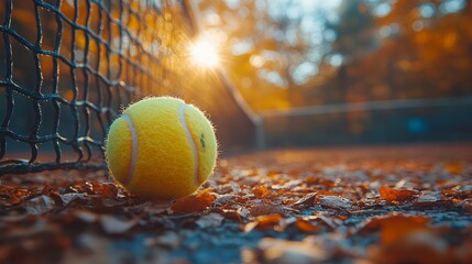 Tennis ball by the net, amidst fallen leaves under sunlight on the court, creating a serene autumn scene