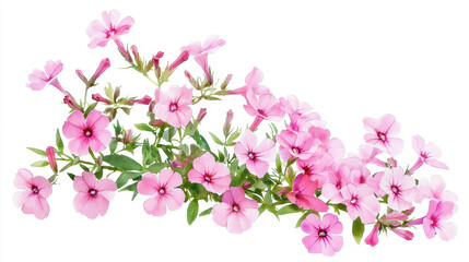 Obraz premium Watercolor botanical illustration of pink flowers with green leaves, showcasing delicate petals and vibrant colors