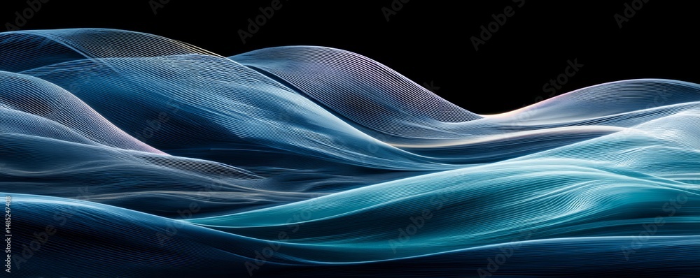 Poster dynamic blue abstract data visualization: flowing lines representing network connectivity, technolog