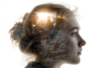 Artistic Double Exposure of Student with Intense School Scene and Light