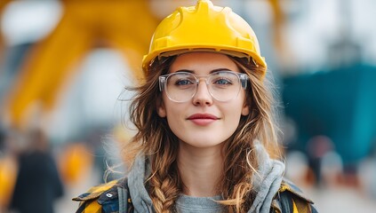 Confident Female Engineer Wearing Yellow Hard Hat and Glasses at Construction Site