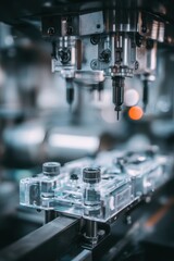 Automated precision drilling machine in action close up industrial manufacturing process modern factory equipment