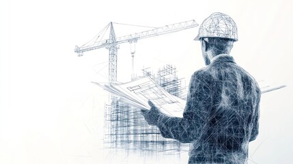 Obraz premium Architect reviewing blueprints, construction crane & building sketch in background