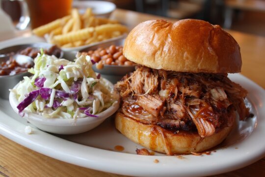Pulled Pork Sandwich Plated with Sides Close Up at Restaurant Table Delicious Meal Food Photography