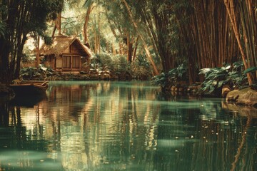 Fototapeta premium Tropical Hut and Boat on Calm River Water Reflecting Bamboo Forest Trees in Lush Jungle Landscape