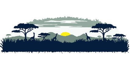 Silhouette of giraffes and trees against a sunset in an african landscape with mountains in the background © Fawad