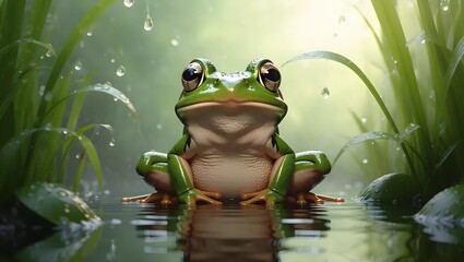 Adorable Green Frog in a Rain-Kissed Marsh