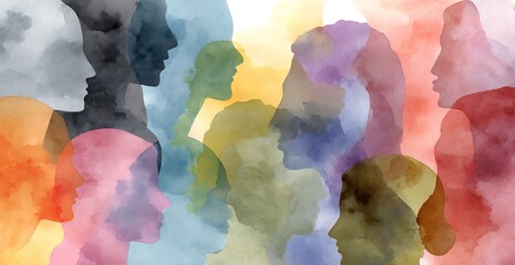 Obraz premium Diverse Watercolor Portraits Illustrating Unity and Community through Colorful Head Silhouettes
