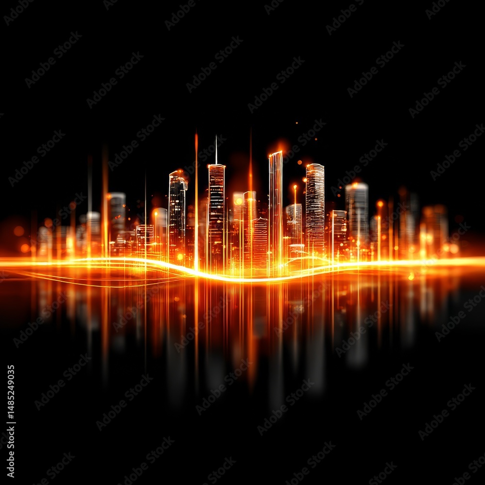 Poster golden metropolis: an abstract cityscape of light and reflection, glowing with urban energy and mode