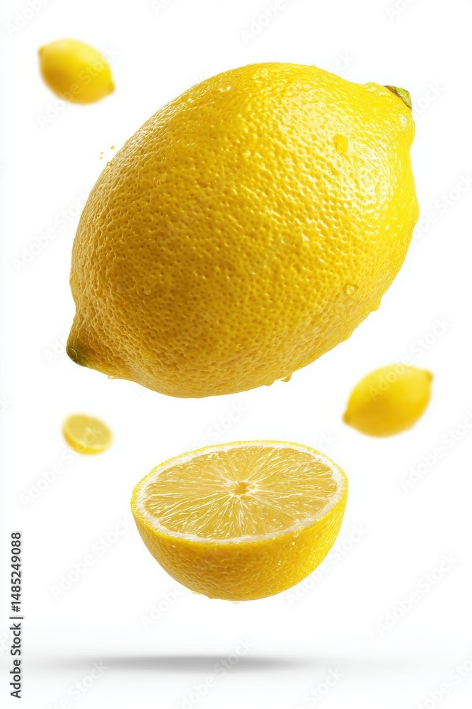 Aufkleber fresh lemons floating in air studio shot on white background healthy citrus fruit still life composi