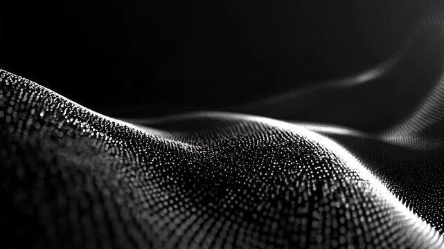 abstract grayscale dotted waves on black backdrop, subtle particle movement