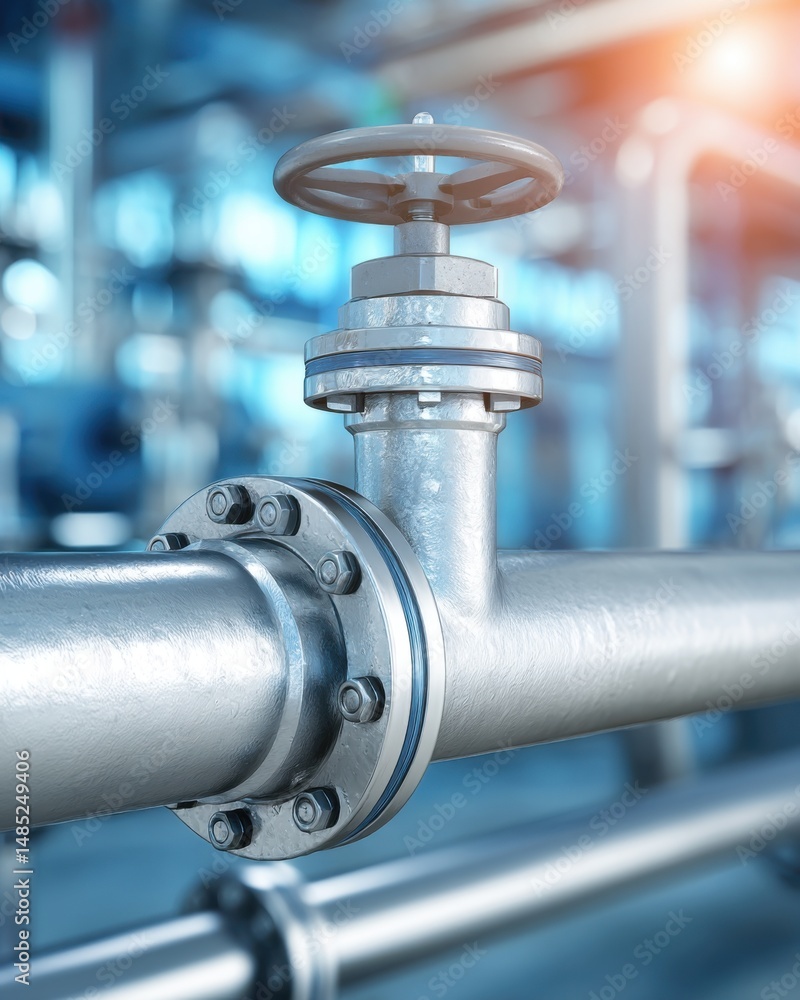 Poster industrial pipeline valve close up in factory setting with blurred background and sun flare for ener