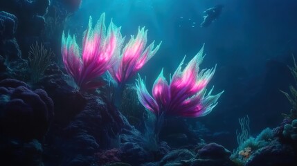 Glowing pink and teal underwater flora illuminated in a deep ocean scene