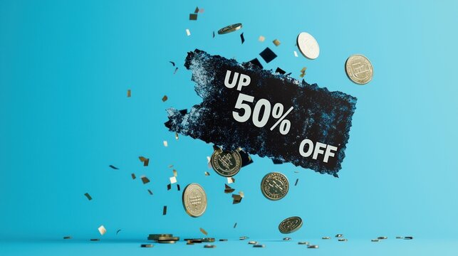50% off sale banner with scattered coins and confetti against a blue background