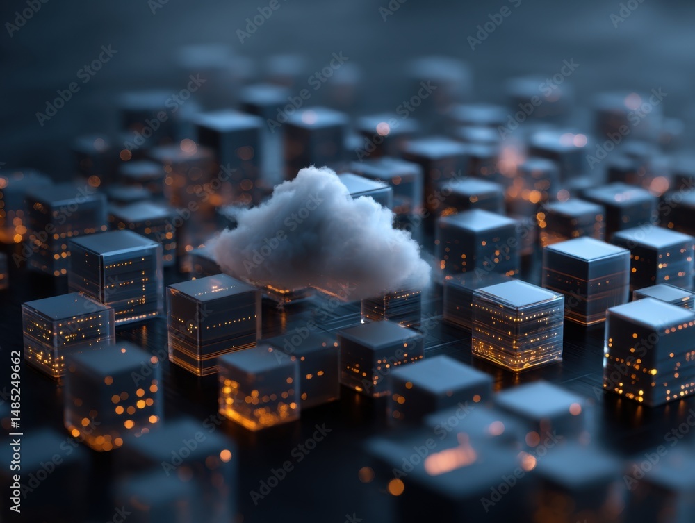 Aufkleber Cloud computing concept abstract digital network of glowing cubes with a soft cloud in the center low angle