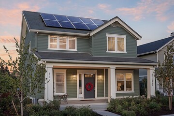 Two story house features solar panels on the roof with a red wreath on door