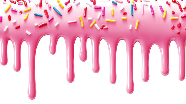 Delicious pink icing drips with vibrant sprinkles for a tempting dessert effect