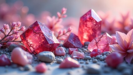 Illuminated Rose Quartz Crystals Amongst Delicate Pink Blossoms and Smooth Pebbles