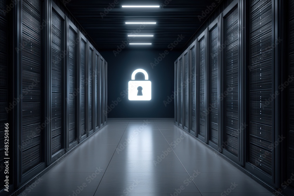 Poster advanced digital security environment showcasing sleek server racks illuminated by modern lighting f