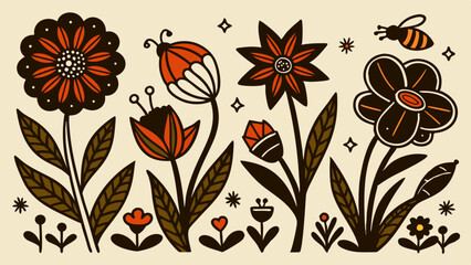 Fototapeta premium Illustration of various stylized flowers and a bee with a retro color palette design style