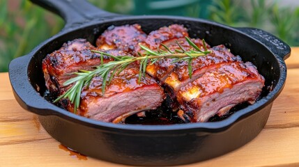 Barbecue perfection: sticky ribs in cast iron pan with crispy glaze and herbaceous rosemary accent