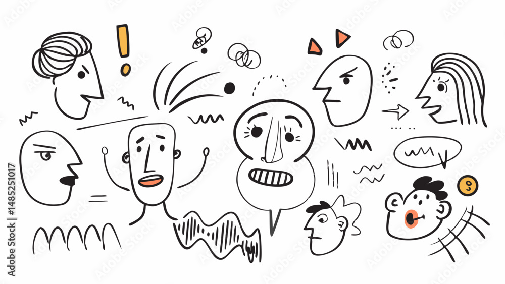 Poster illustration of various expressive faces with different emotions and abstract doodle elements scatte