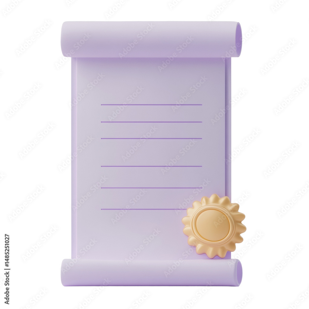 Poster elegant 3d render of pale purple document scroll with golden seal